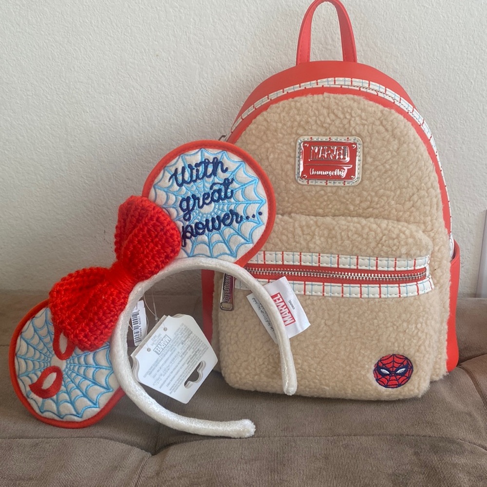 Disney Parks Spiderman faux fur Loungefly mini backpack with headband Bundle